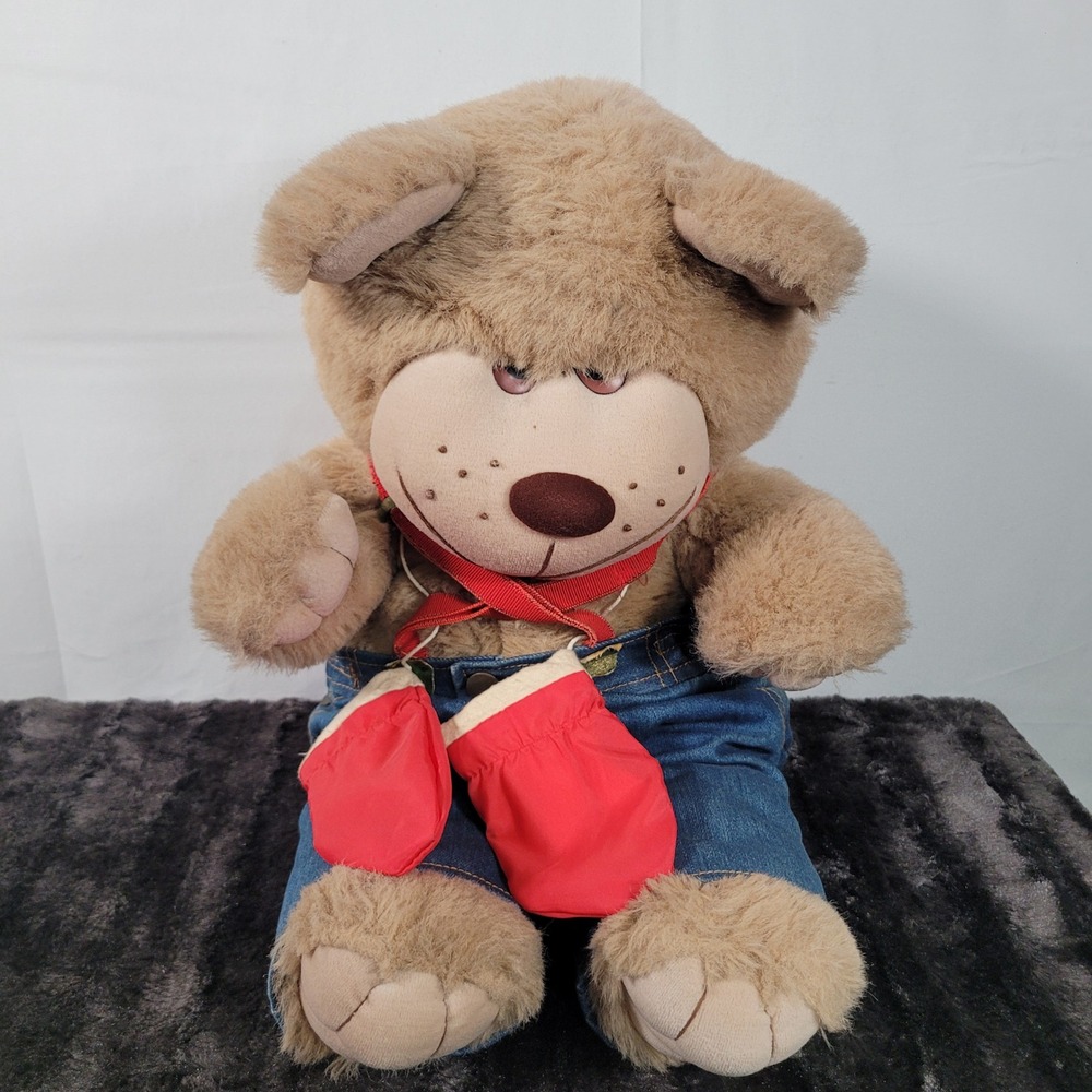 Vintage Just Friends Plush Bear Denim Jeans Red Mittens Suspenders Tan Toy